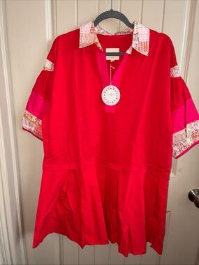 Umgee Red dress with Patterned Collar and pleated skirt